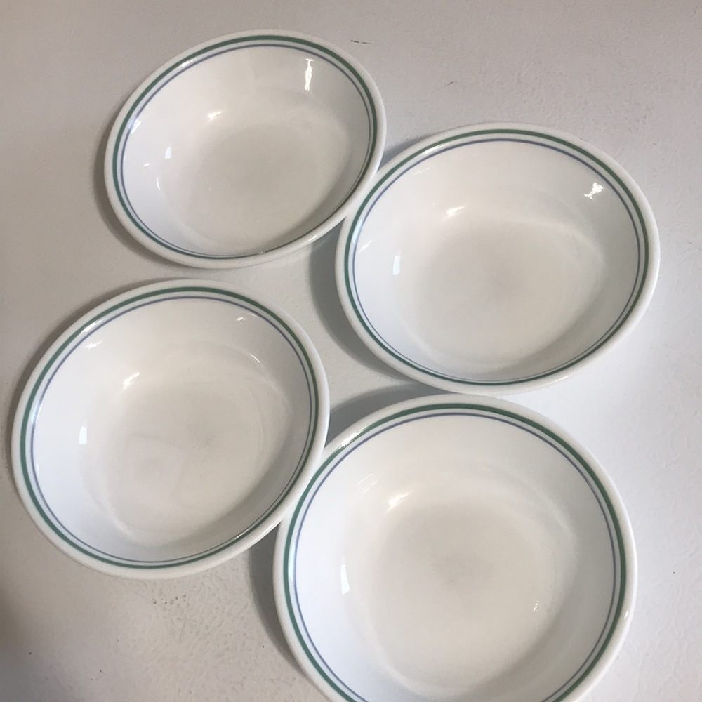 COPY - Corelle Vintage Small Dessert Dishes. White With 2 Green Stripes.  8 Oun…